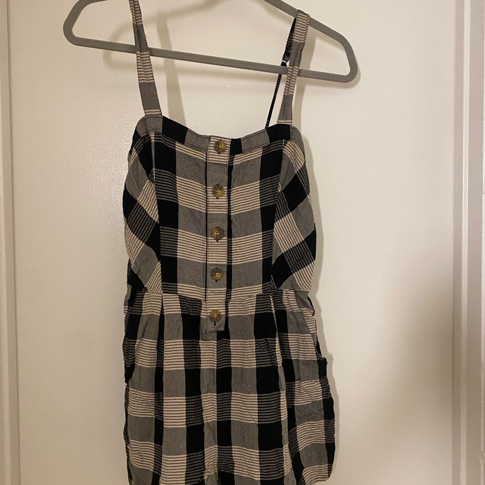 Black and Cream Plaid Button-Up Romper